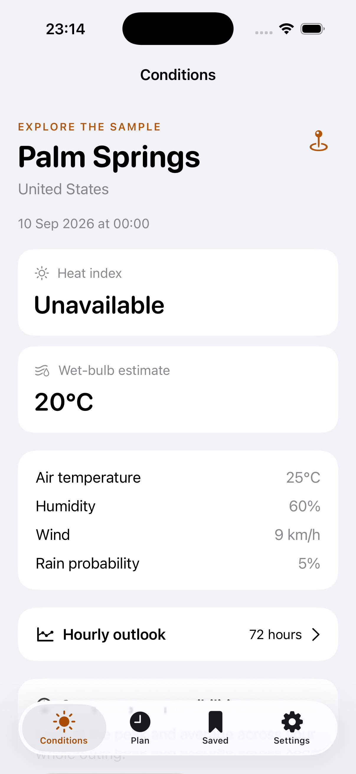 Heat Planner Pro sample Conditions screen with wet-bulb estimate, temperature and humidity